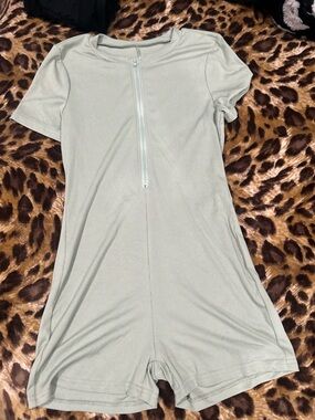 Light Sage Ribbed Short Romper with Front Zip